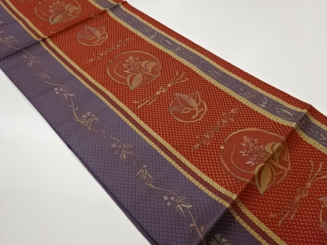 本場筑前博多丸文に花葉・縞模様織出し名古屋帯